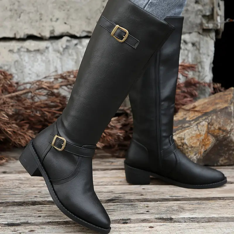 Chunky Heel Square Buckle Side Zipper Boots