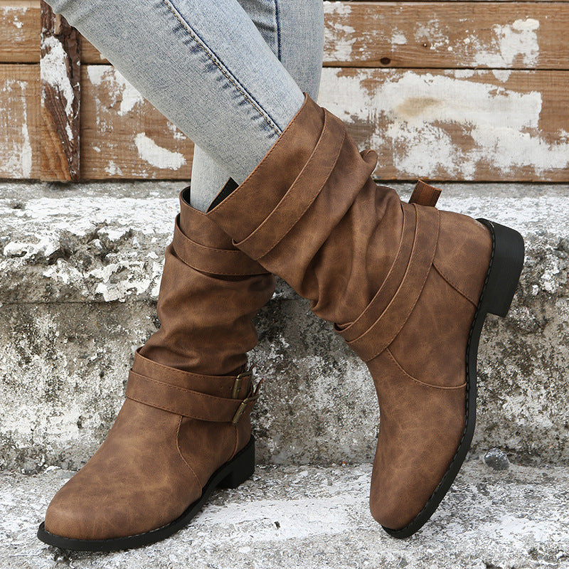Retro Round-toe Flat Mid-calf Boots