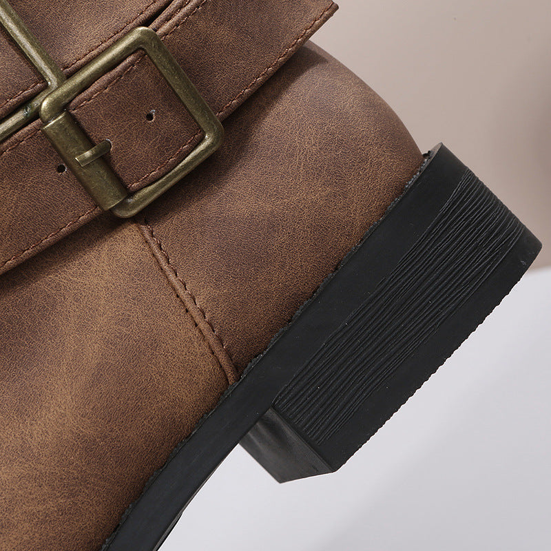 Retro Round-toe Flat Mid-calf Boots