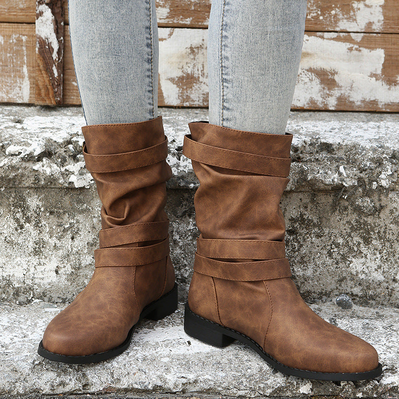 Retro Round-toe Flat Mid-calf Boots