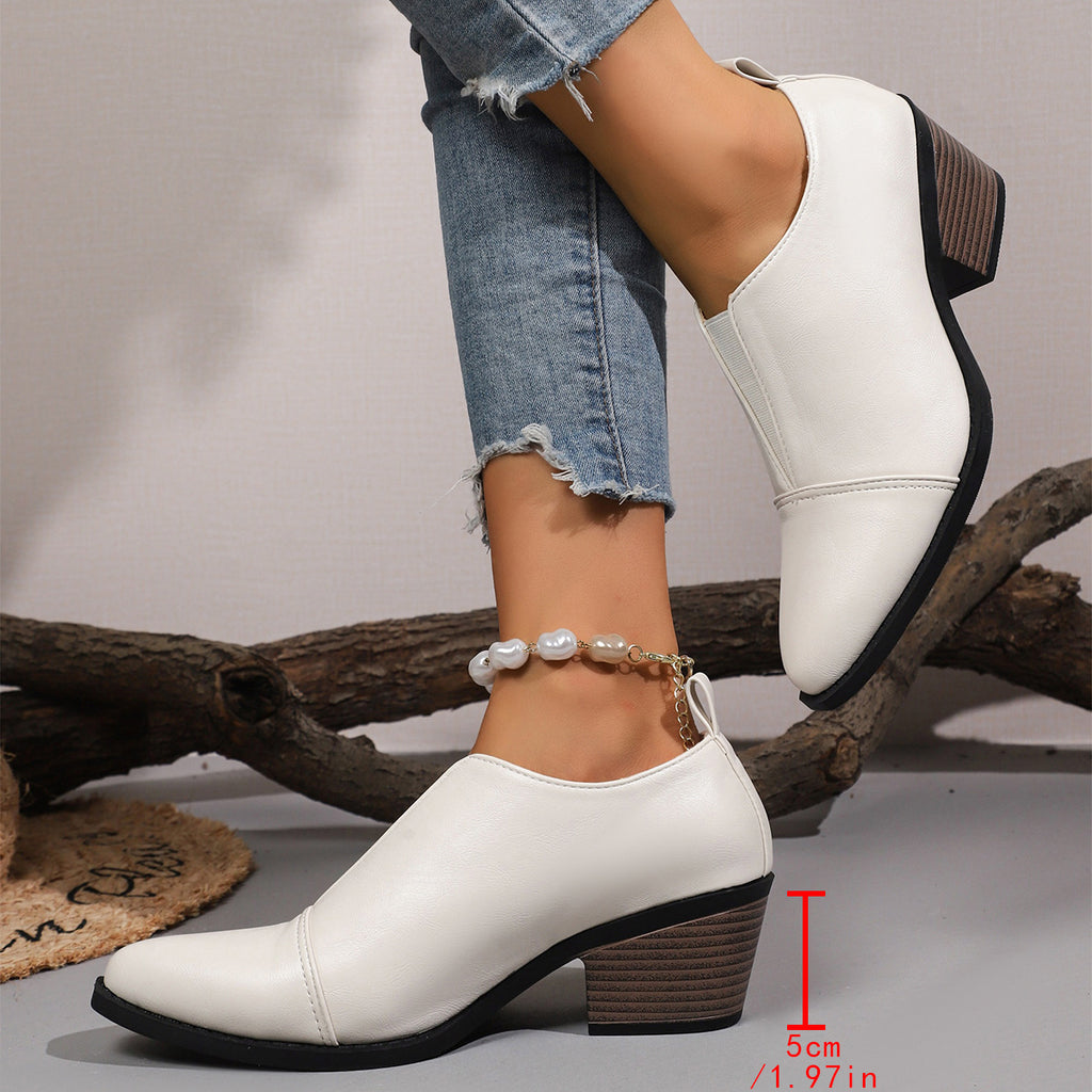 British Style Pointed Toe Chunky Heel Chelsea Leather Shoes