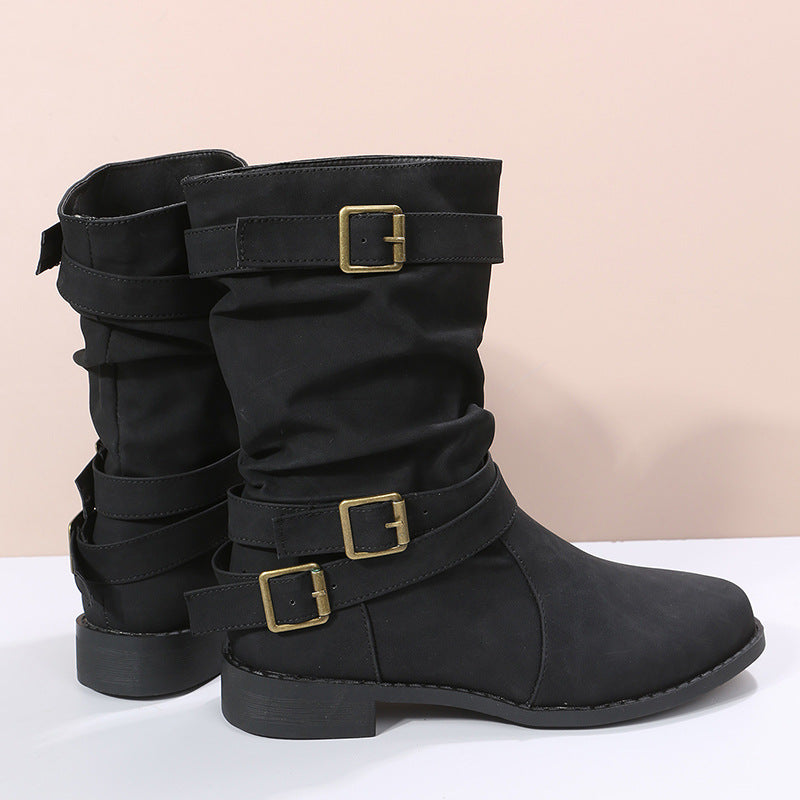 Retro Round-toe Flat Mid-calf Boots