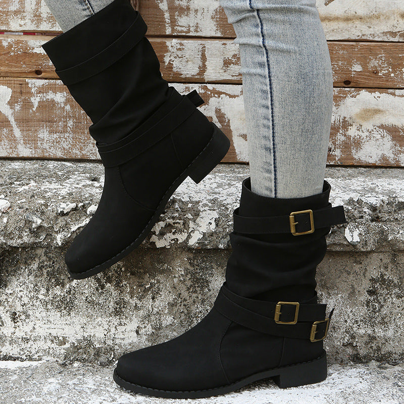 Retro Round-toe Flat Mid-calf Boots