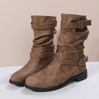 Retro Round-toe Flat Mid-calf Boots