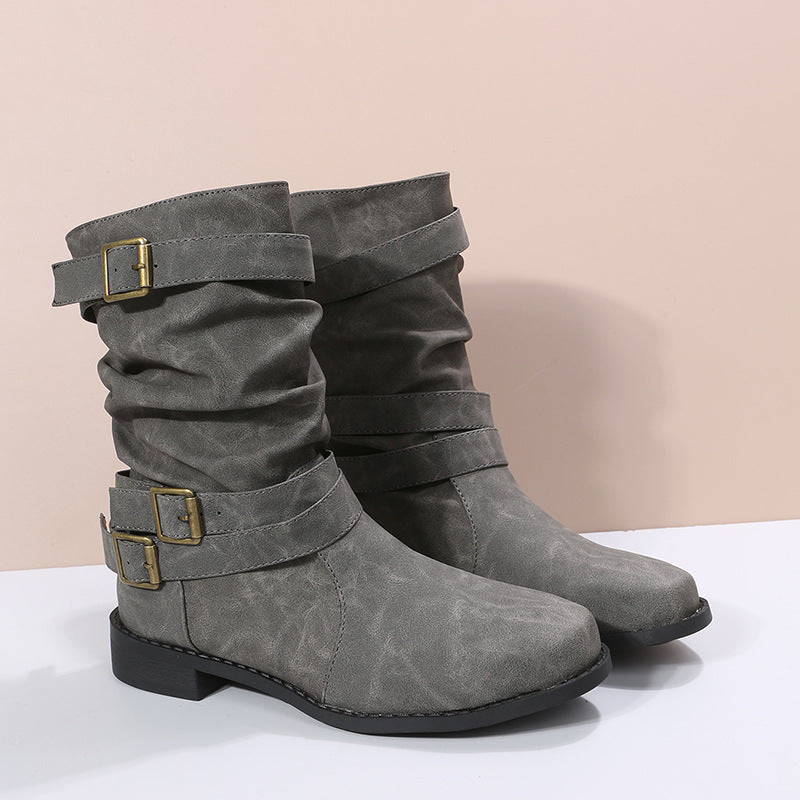 Retro Round-toe Flat Mid-calf Boots