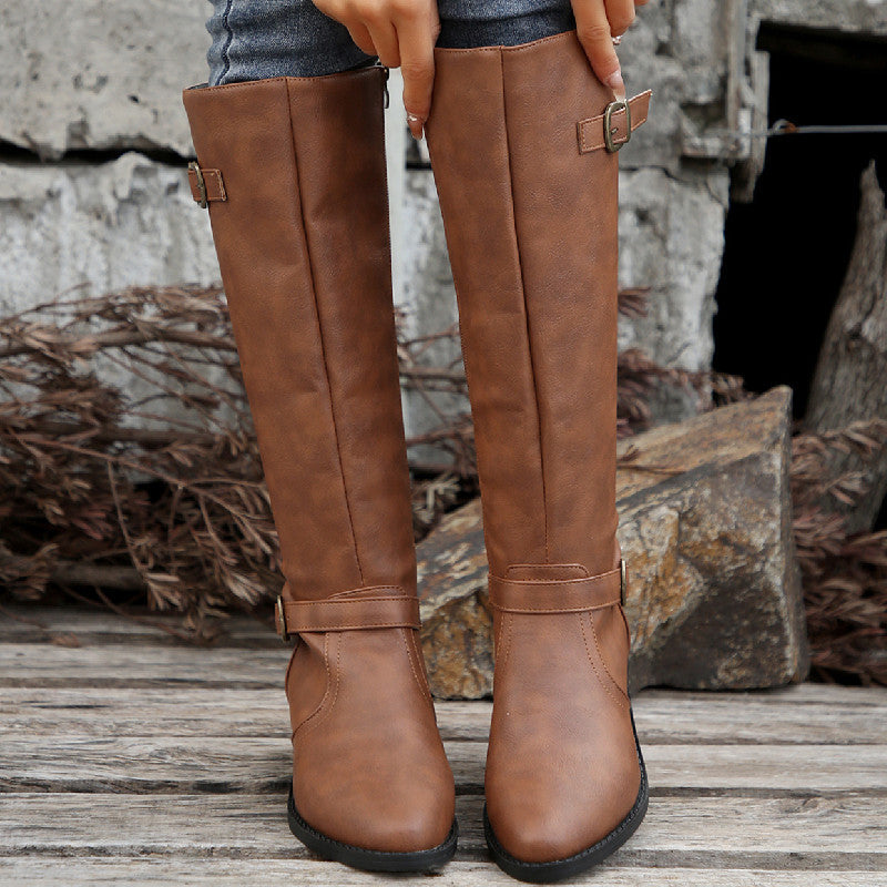 Chunky Heel Square Buckle Side Zipper Boots