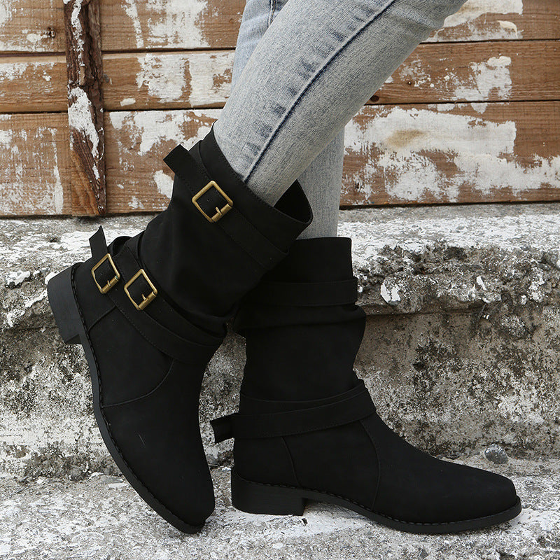 Retro Round-toe Flat Mid-calf Boots