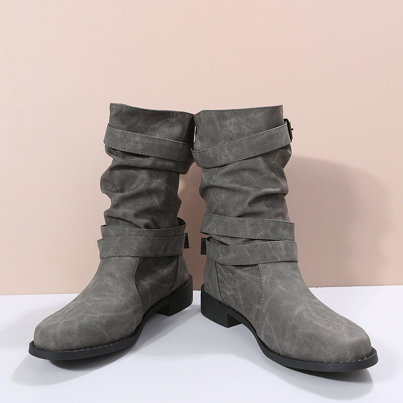 Retro Round-toe Flat Mid-calf Boots