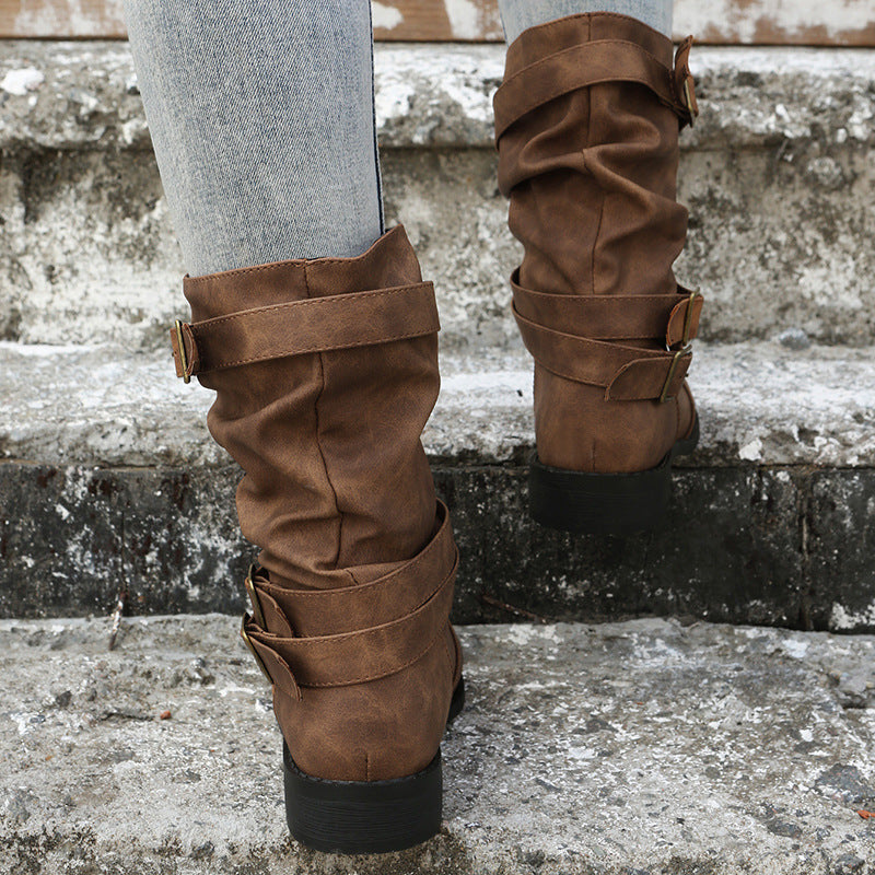 Retro Round-toe Flat Mid-calf Boots
