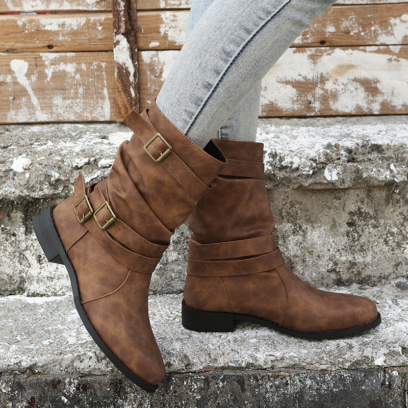 Retro Round-toe Flat Mid-calf Boots