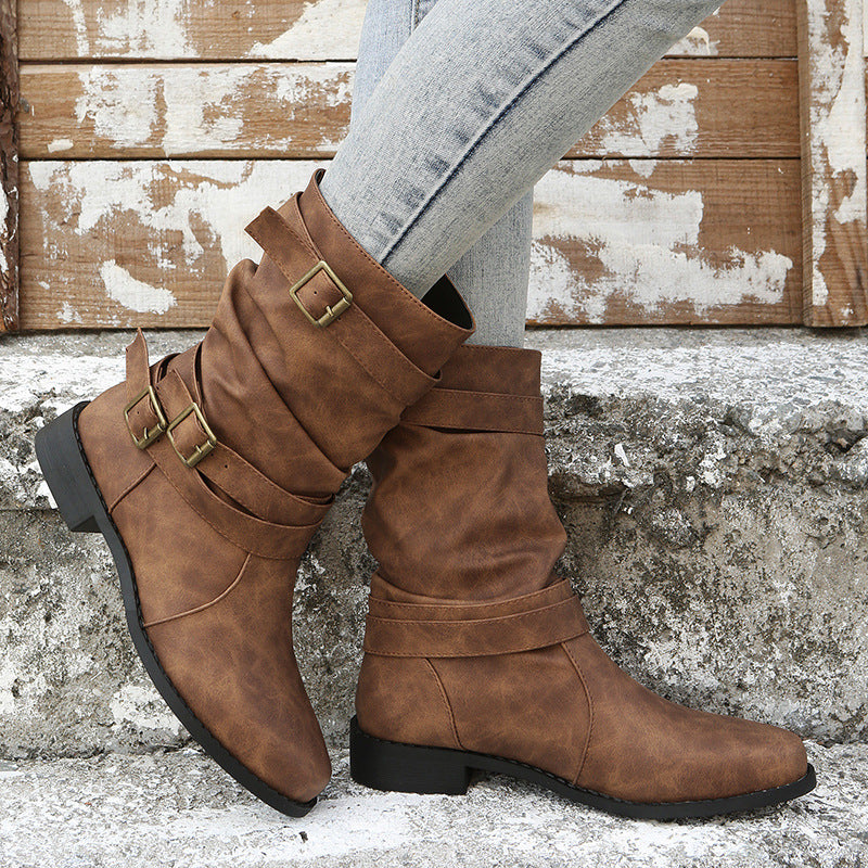 Retro Round-toe Flat Mid-calf Boots