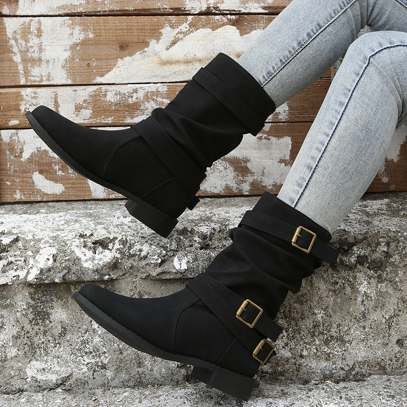 Retro Round-toe Flat Mid-calf Boots