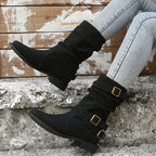 Retro Round-toe Flat Mid-calf Boots
