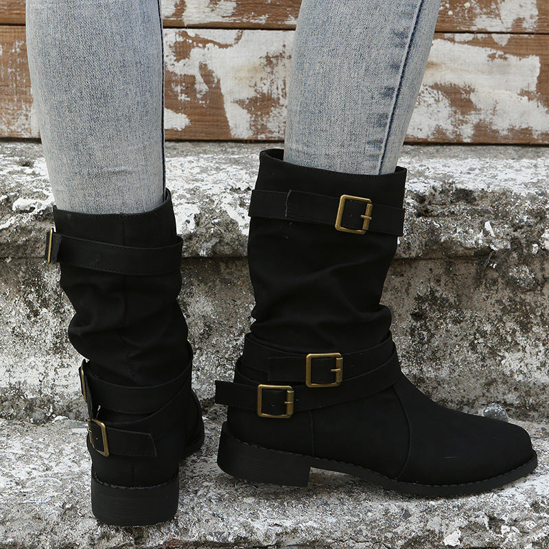 Retro Round-toe Flat Mid-calf Boots
