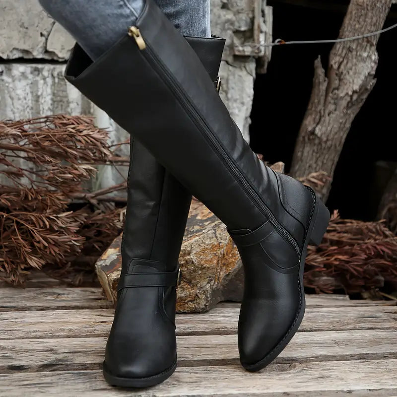 Chunky Heel Square Buckle Side Zipper Boots