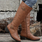 Chunky Heel Square Buckle Side Zipper Boots