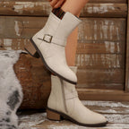 Elegant Leather Chunky Heel Dress Boots