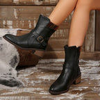 Elegant Leather Chunky Heel Dress Boots