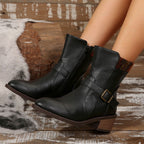 Elegant Leather Chunky Heel Dress Boots