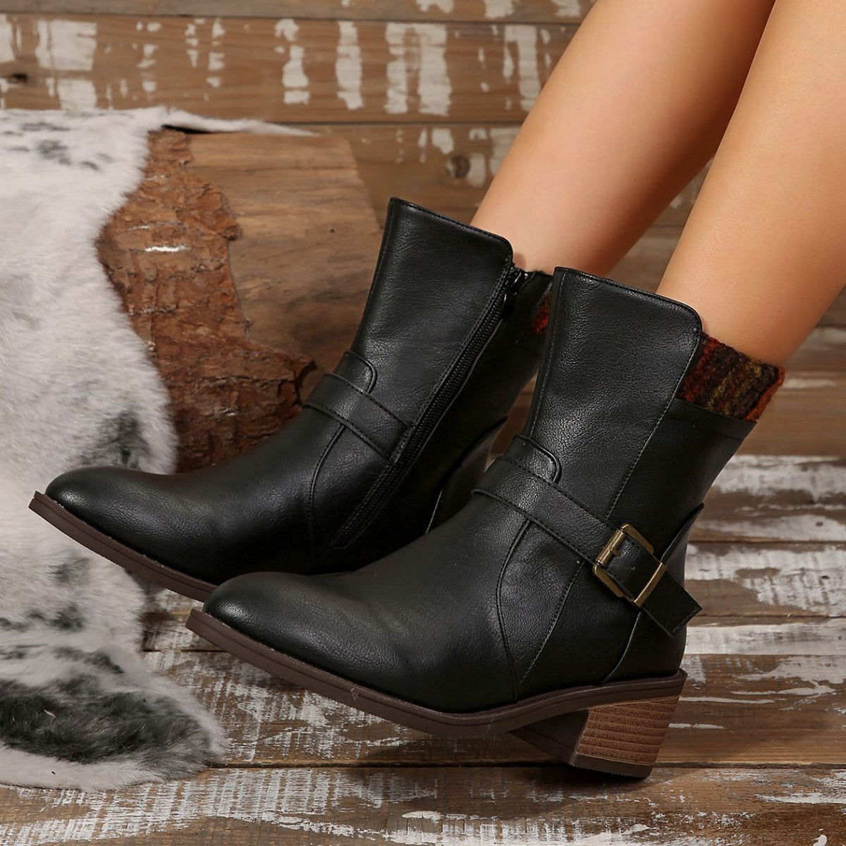 Elegant Leather Chunky Heel Dress Boots
