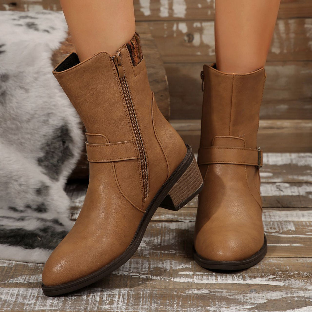 Elegant Leather Chunky Heel Dress Boots