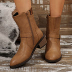 Elegant Leather Chunky Heel Dress Boots